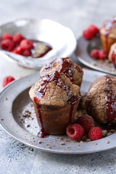 Warm and fluffy Dark Chocolate Popovers with fresh Raspberry Syrup!
