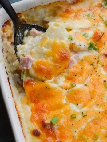 These Cheesy Scalloped Potatoes feature thinly sliced potatoes, a creamy cheddar sauce and chunks of smoked ham!