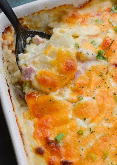 These Cheesy Scalloped Potatoes feature thinly sliced potatoes, a creamy cheddar sauce and chunks of smoked ham!