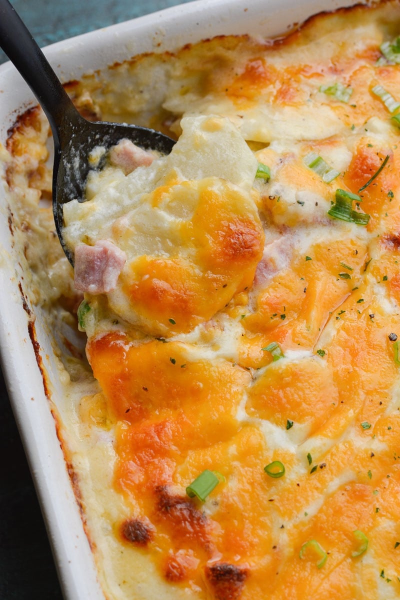 These Cheesy Scalloped Potatoes feature thinly sliced potatoes, a creamy cheddar sauce and chunks of smoked ham!