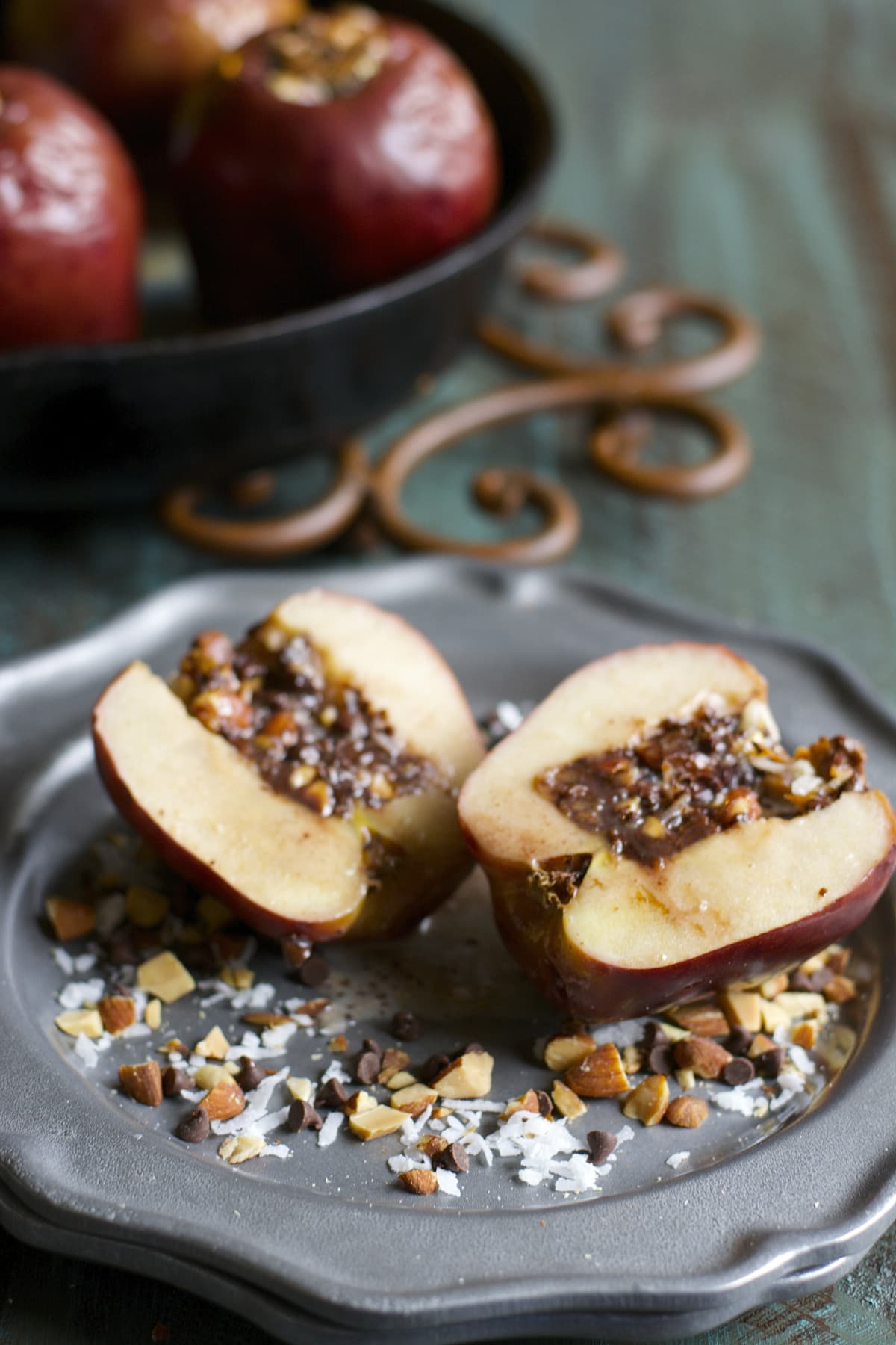 Chocolate Stuffed Baked Apples are packed with coconut, lightly salted almonds and rich dark chocolate!