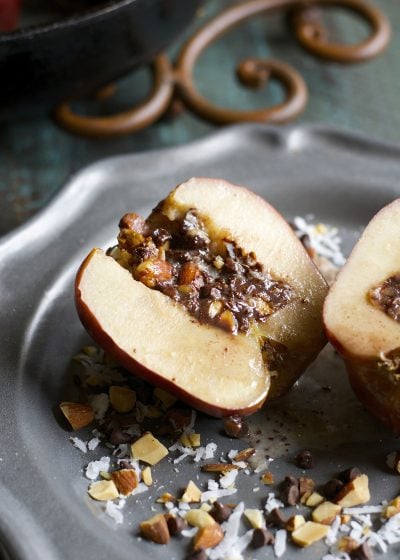 Chocolate Almond Stuffed Baked Apples are packed with coconut, lightly salted almonds and rich dark chocolate!