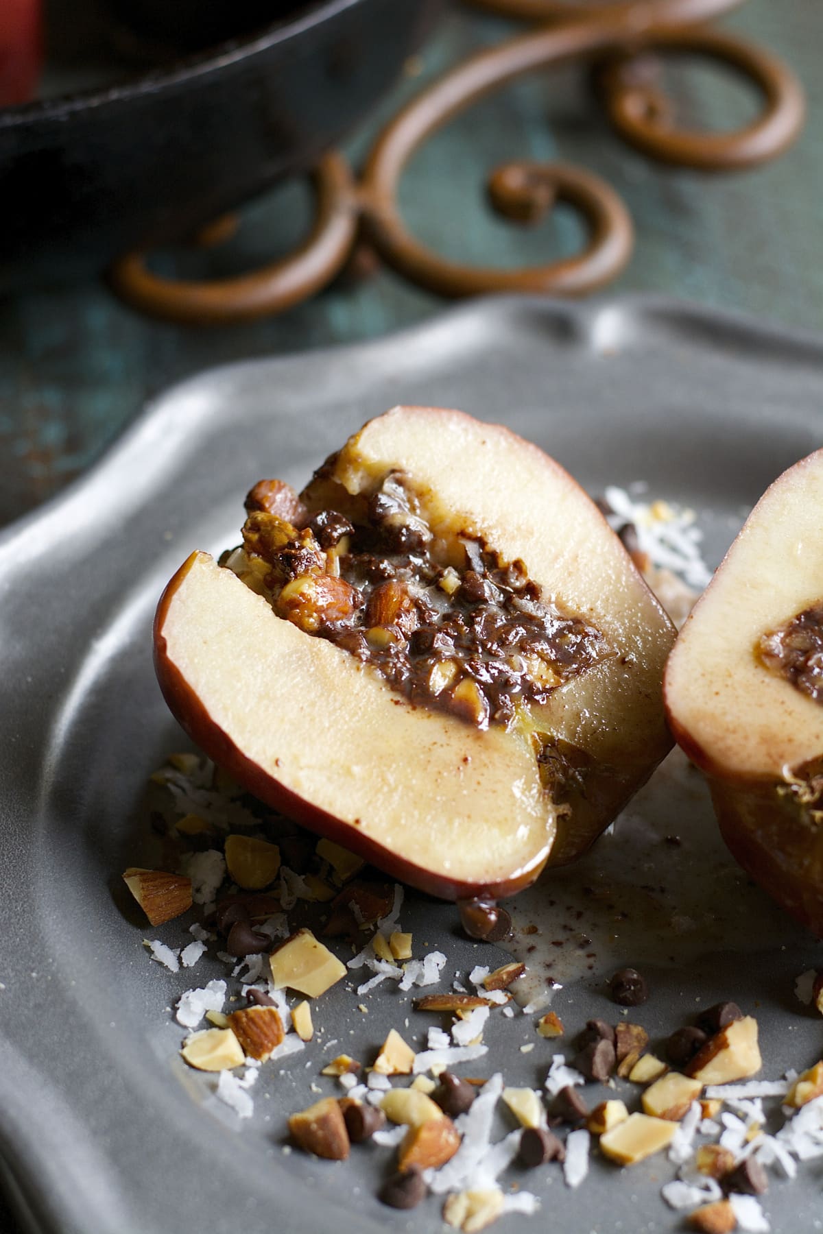 Chocolate Stuffed Baked Apples are packed with coconut, lightly salted almonds and rich dark chocolate!