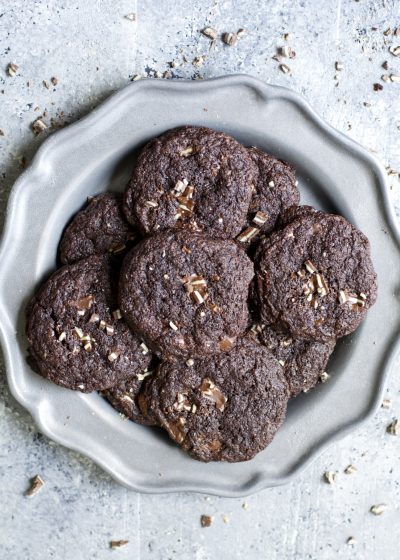 Five ingredient gluten free Dark Chocolate Peppermint Cookies are packed with Andes mints for a perfect holiday treat!