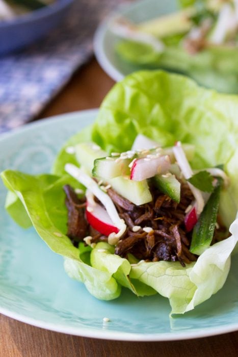 Slow Cooker Korean Beef Lettuce Wraps with a Sesame Cucumber Salsa
