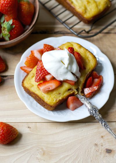 This easy gluten free Strawberry Shortcake bread is bursting with flavor and perfect with a dollop of fresh whipped cream!