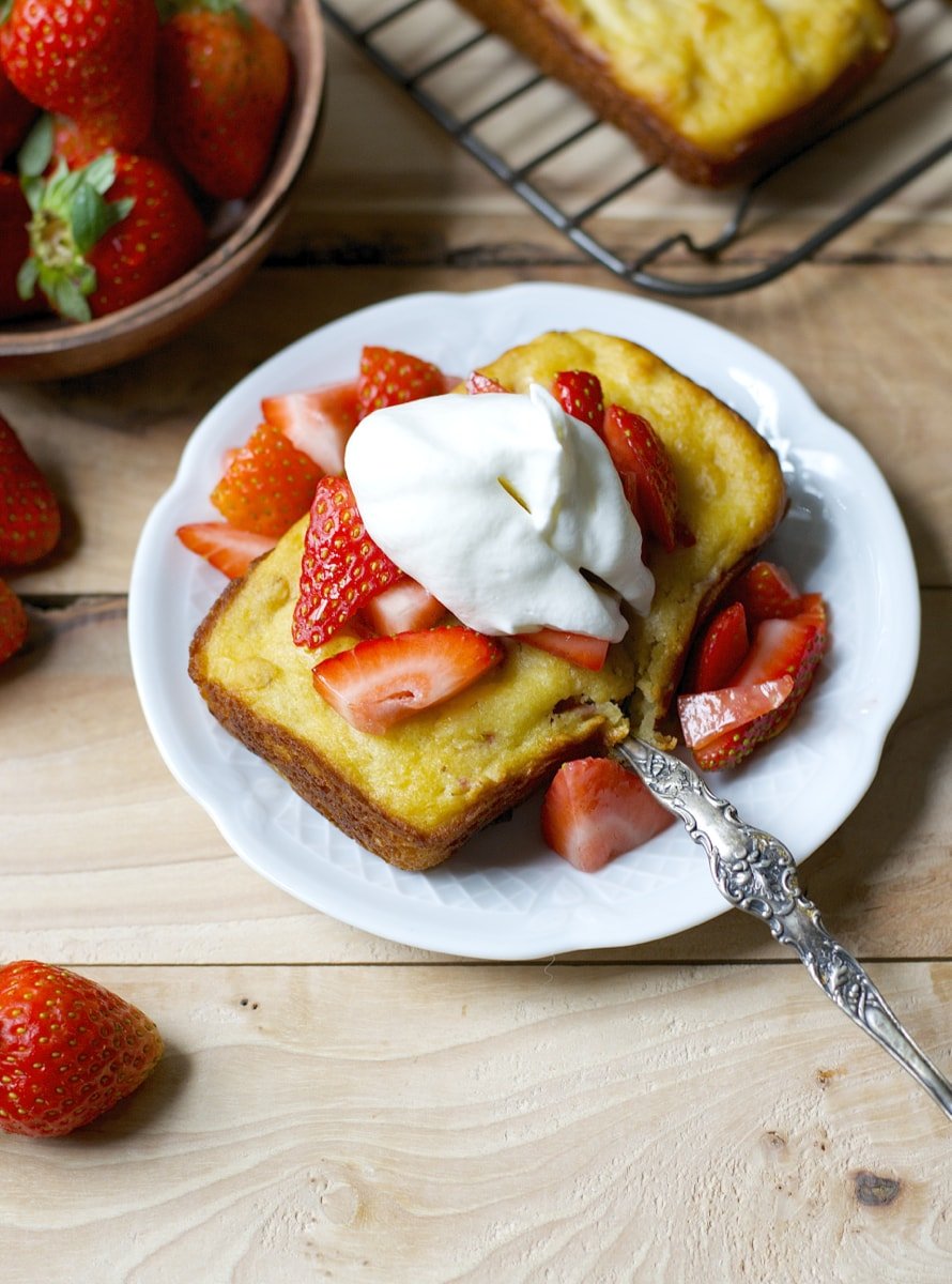 This easy gluten free Strawberry Shortcake bread is bursting with flavor and perfect with a dollop of fresh whipped cream!