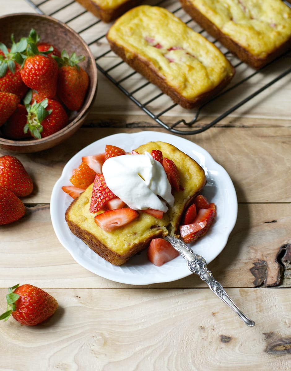 This easy gluten free Strawberry Shortcake bread is bursting with flavor and perfect with a dollop of fresh whipped cream!