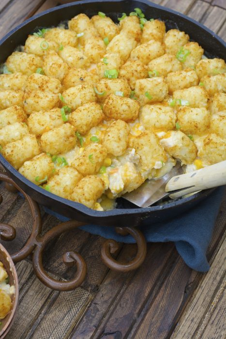 This Lightened Up Tater Tot Casserole is packed with lean ground turkey, loads of vegetables and a creamy homemade cheddar sauce! A perfect gluten free dinner for even your pickiest eaters! 