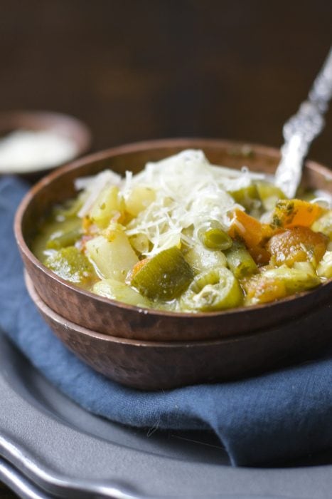 This simple five ingredient Creamy Vegetable Orzo Soup is vegan, gluten free and ready in under 20 minutes!