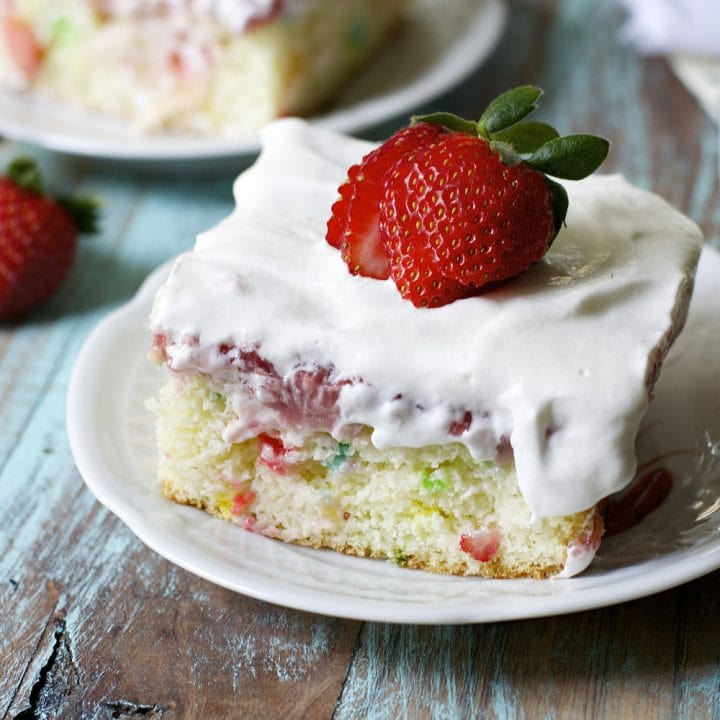 This super simple Funfetti Strawberry Poke Cake is totally gluten free and perfect for Spring!