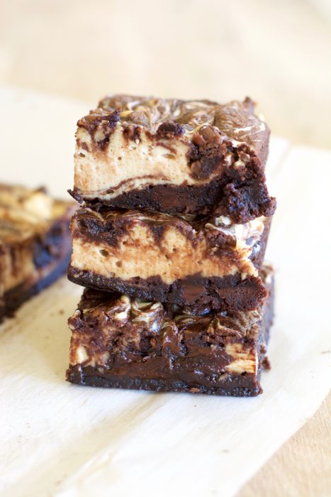 These easy, gluten free Double Chocolate Peanut Butter Cheesecake Brownies are loaded with dark chocolate flavor, creamy cheesecake and rich peanut butter!