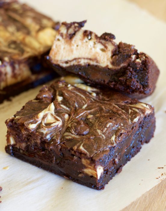 These easy, gluten free Double Chocolate Peanut Butter Cheesecake Brownies are loaded with dark chocolate flavor, creamy cheesecake and rich peanut butter!