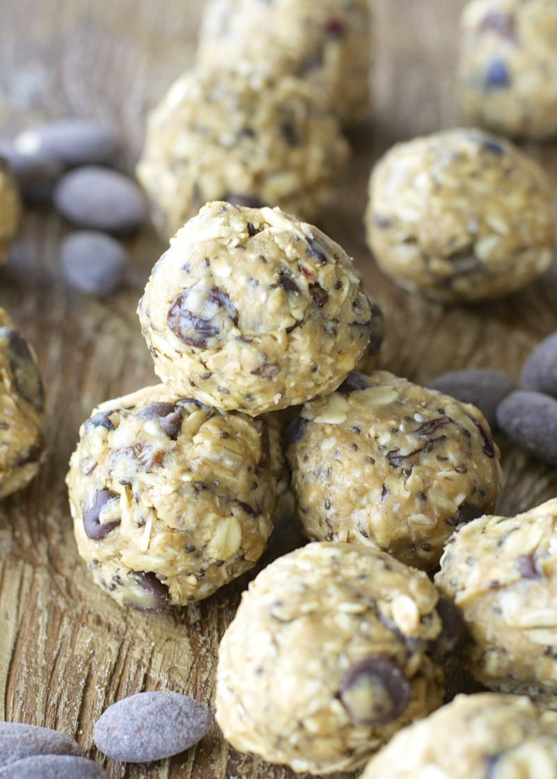 Creamy almond butter, almonds, fruit and seeds make these energy bites the perfect healthy snack!