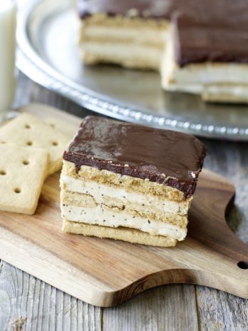 Creamy mocha filling is sandwiched in between graham crackers and topped with rich dark chocolate! This easy five ingredient Mocha Icebox Cake is the perfect Summer treat!