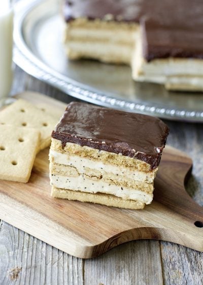 Creamy mocha filling is sandwiched in between graham crackers and topped with rich dark chocolate! This easy five ingredient Mocha Icebox Cake is the perfect Summer treat!