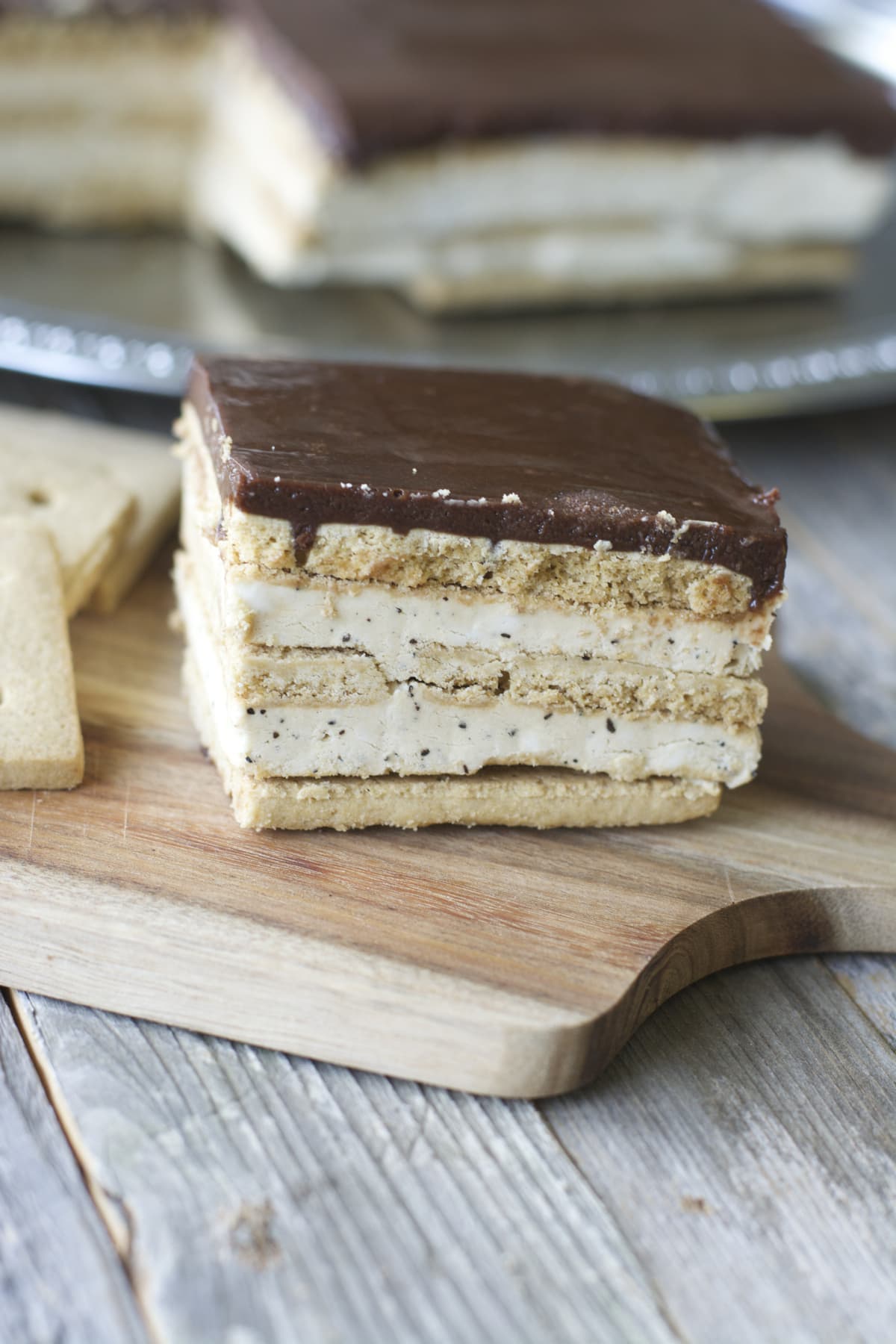 Creamy mocha filling is sandwiched in between graham crackers and topped with rich dark chocolate! This easy five ingredient Mocha Icebox Cake is the perfect Summer treat!