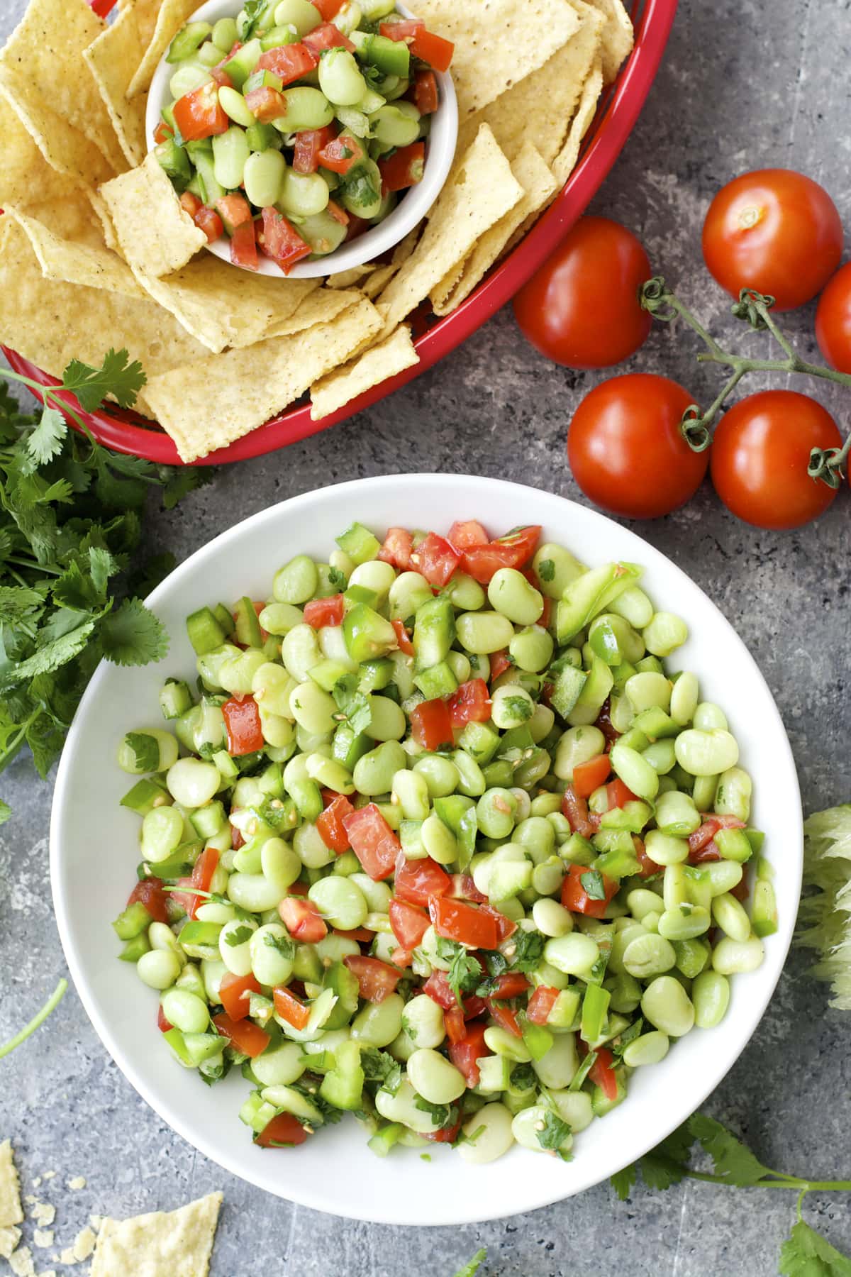 Tender Lime Beans are combined with tomatoes and peppers and tossed in a zesty sauce! Grab some chips and get to snacking! You will love this easy Lima Bean Salsa!