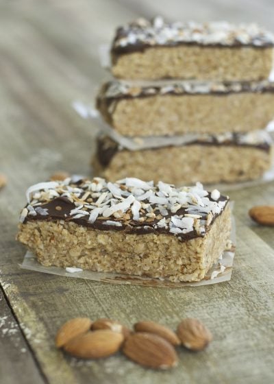 These five ingredient No Bake Toasted Coconut and Almond Granola Bars are super simple to make! These gluten free, paleo friendly snacks will be your new favorite!
