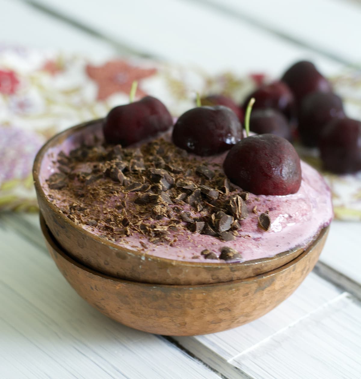 These sweet and creamy Chocolate Cherry Smoothie Bowls contain just four healthy ingredients!