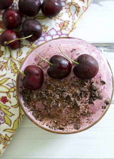 These sweet and creamy Chocolate Cherry Smoothie Bowls contain just four healthy ingredients!