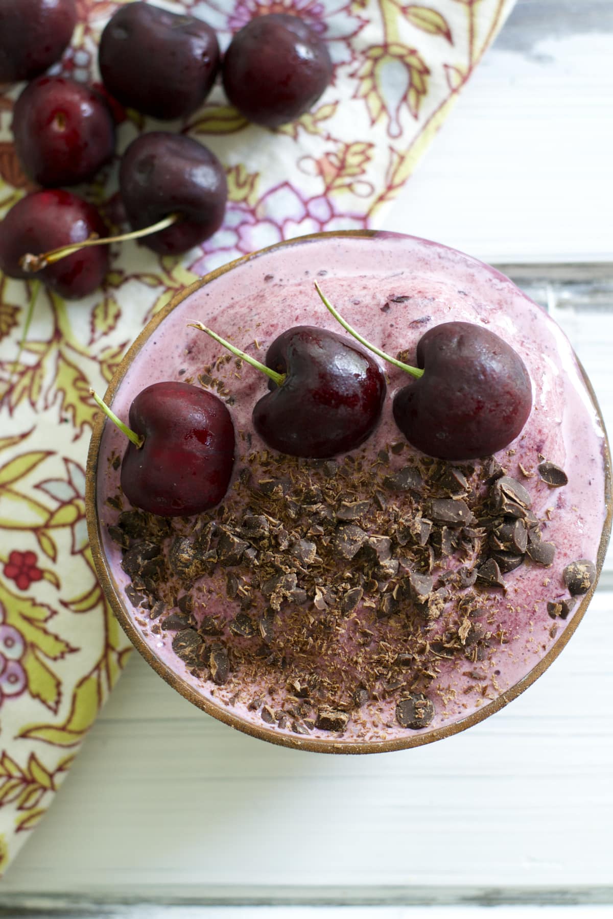 These sweet and creamy Chocolate Cherry Smoothie Bowls contain just four healthy ingredients!