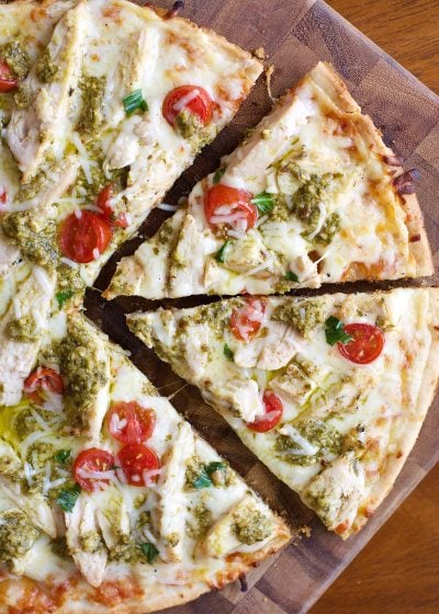 This easy four ingredient gluten free Grilled Pesto Chicken Pizza will make weeknight dinners a breeze!