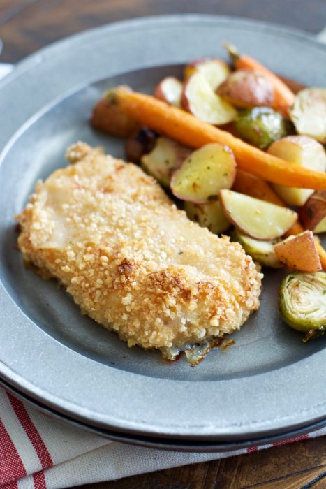 Try these easy One Pan Crispy Pork Chops and Ranch Roasted Veggies for an easy Fall meal ready in just 30 minutes!