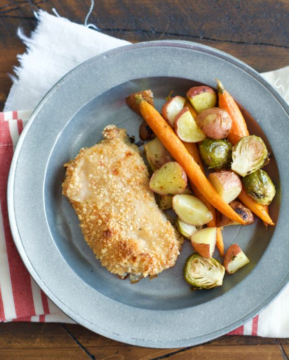 Try these easy One Pan Crispy Pork Chops and Ranch Roasted Veggies for an easy Fall meal ready in just 30 minutes!