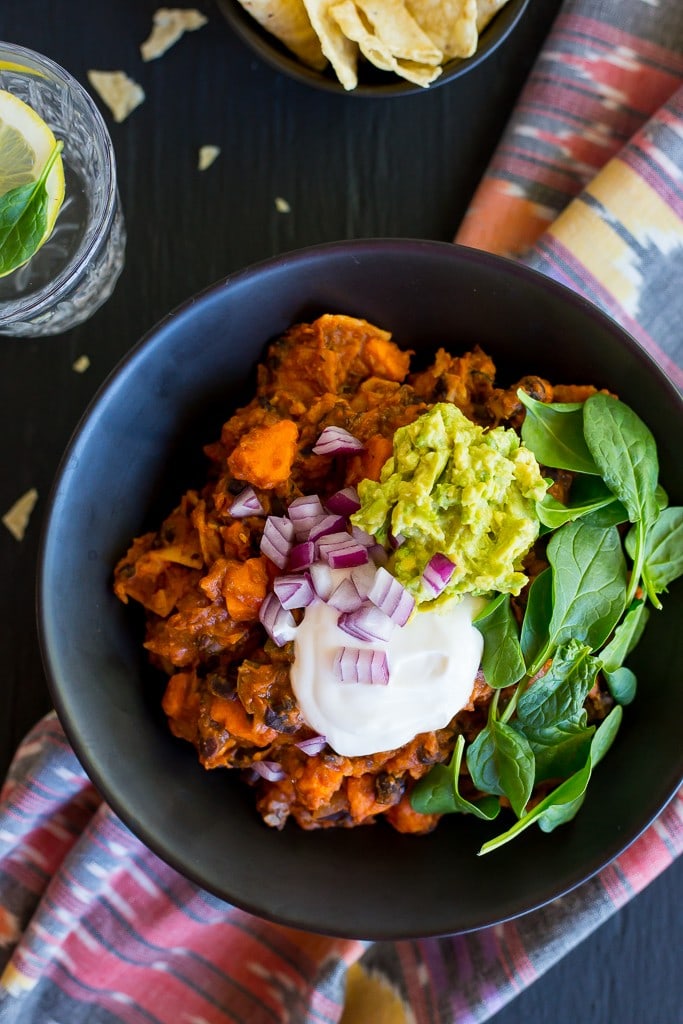 One Pot Stove Top Sweet Potato and Black Bean Chopped Enchiladas