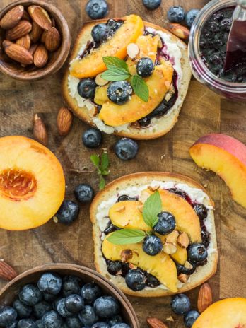 This simple Sweet Peach Bruschetta combines the best flavors of Summer! Fresh peaches, blueberries and mint make for an impressive combination!