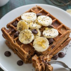 Add these Flourless Peanut Butter Protein Waffles to your morning routine! These gluten free waffles are a great easy meal prep option! 