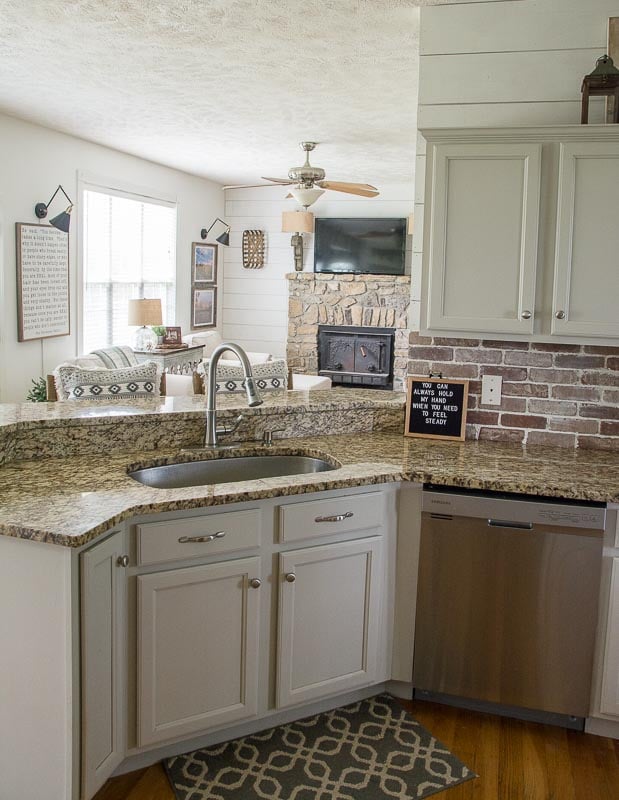 Update your kitchen with an Easy DIY Brick Backsplash! This affordable project is perfect for beginners who are looking for that classic farmhouse style!