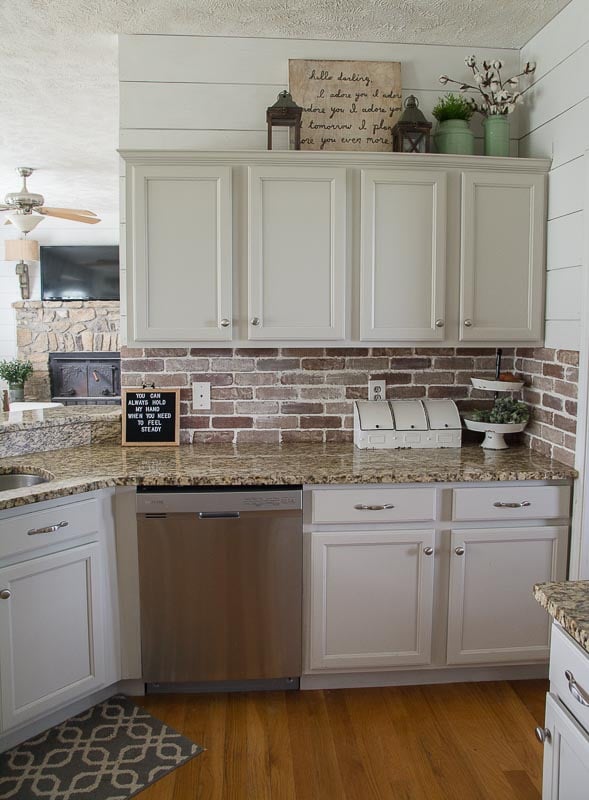 Update your kitchen with an Easy DIY Brick Backsplash! This affordable project is perfect for beginners who are looking for that classic farmhouse style!