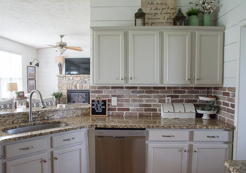 Update your kitchen with an Easy DIY Brick Backsplash! This affordable project is perfect for beginners who are looking for that classic farmhouse style!