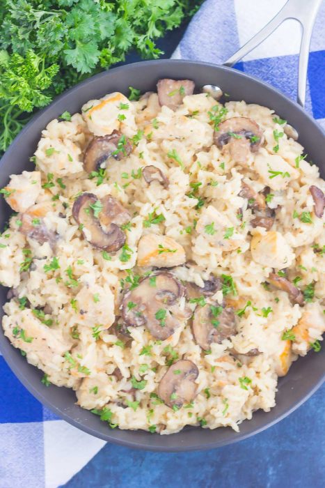 One Pan Chicken Mushroom Parmesan Rice