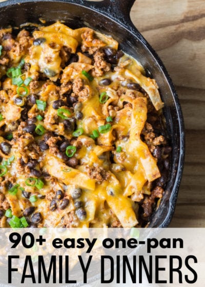 Keep your evenings running smoothly with these 90+ Easy ONE PAN Family Dinners! The whole family will love these simple dinner recipes made in just one skillet or sheet pan.
