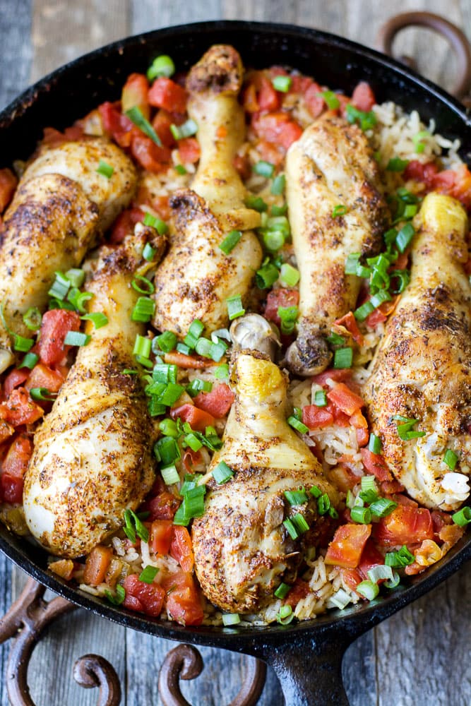 These Spicy Drumsticks with Mexican Rice are made in ONE pan and ready in under 30 minutes!