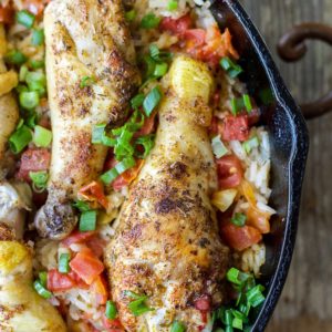 These Spicy Drumsticks with Mexican Rice are made in ONE pan and ready in under 30 minutes!