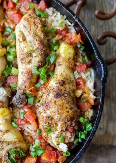 These Spicy Drumsticks with Mexican Rice are made in ONE pan and ready in under 30 minutes!