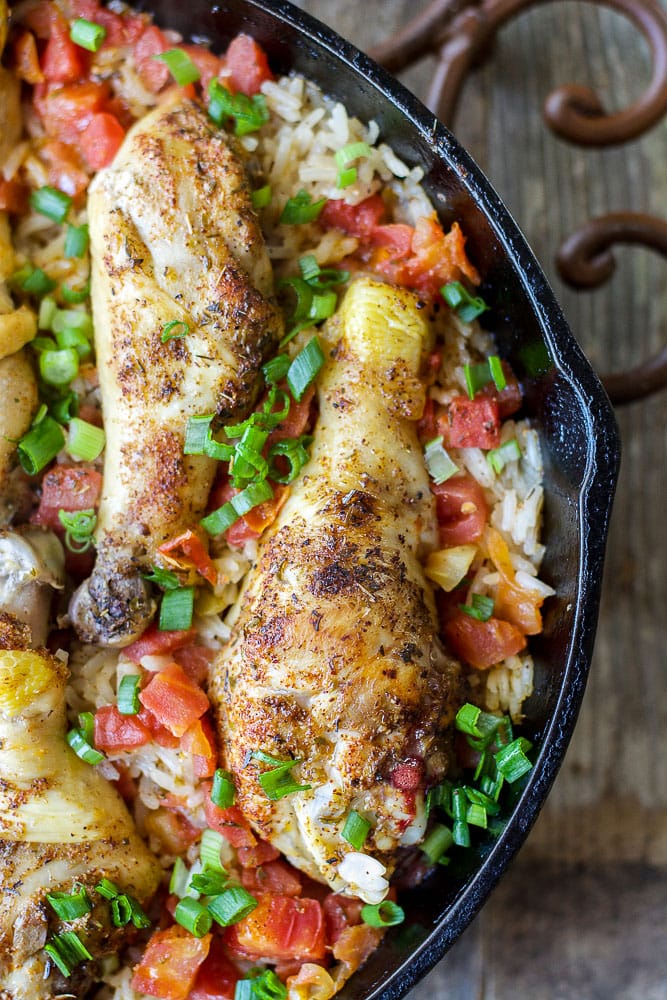 These Spicy Drumsticks with Mexican Rice are made in ONE pan and ready in under 30 minutes!