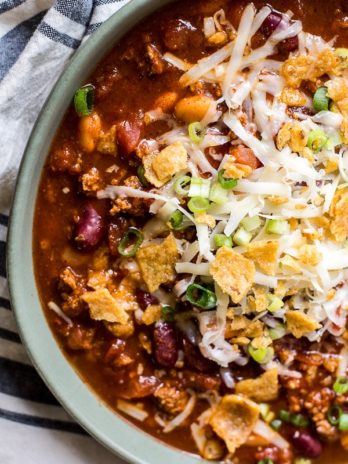 This is the Best Turkey Chili recipe! Browned turkey, two kinds of beans, tomatoes and spices make this an easy dinner you will love! Slow cooker option also!