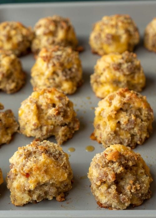 Two rows of four sausage, egg, and cheese bites