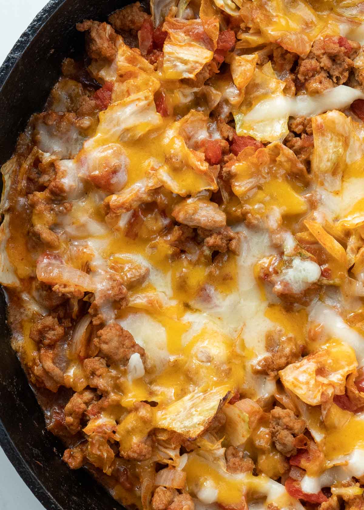 Cabbage and beef casserole in cast iron skillet