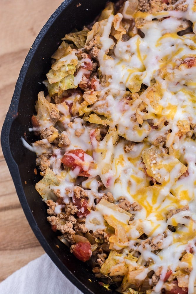 keto cabbage and hamburger in a cast iron skillet 