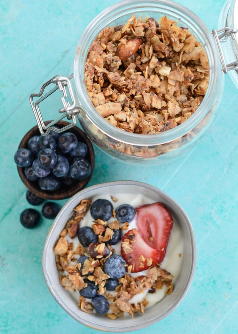 This Grain Free Granola is the perfect sweet, crunchy, keto-friendly snack! Enjoy a serving for just 2.5 net carbs each!