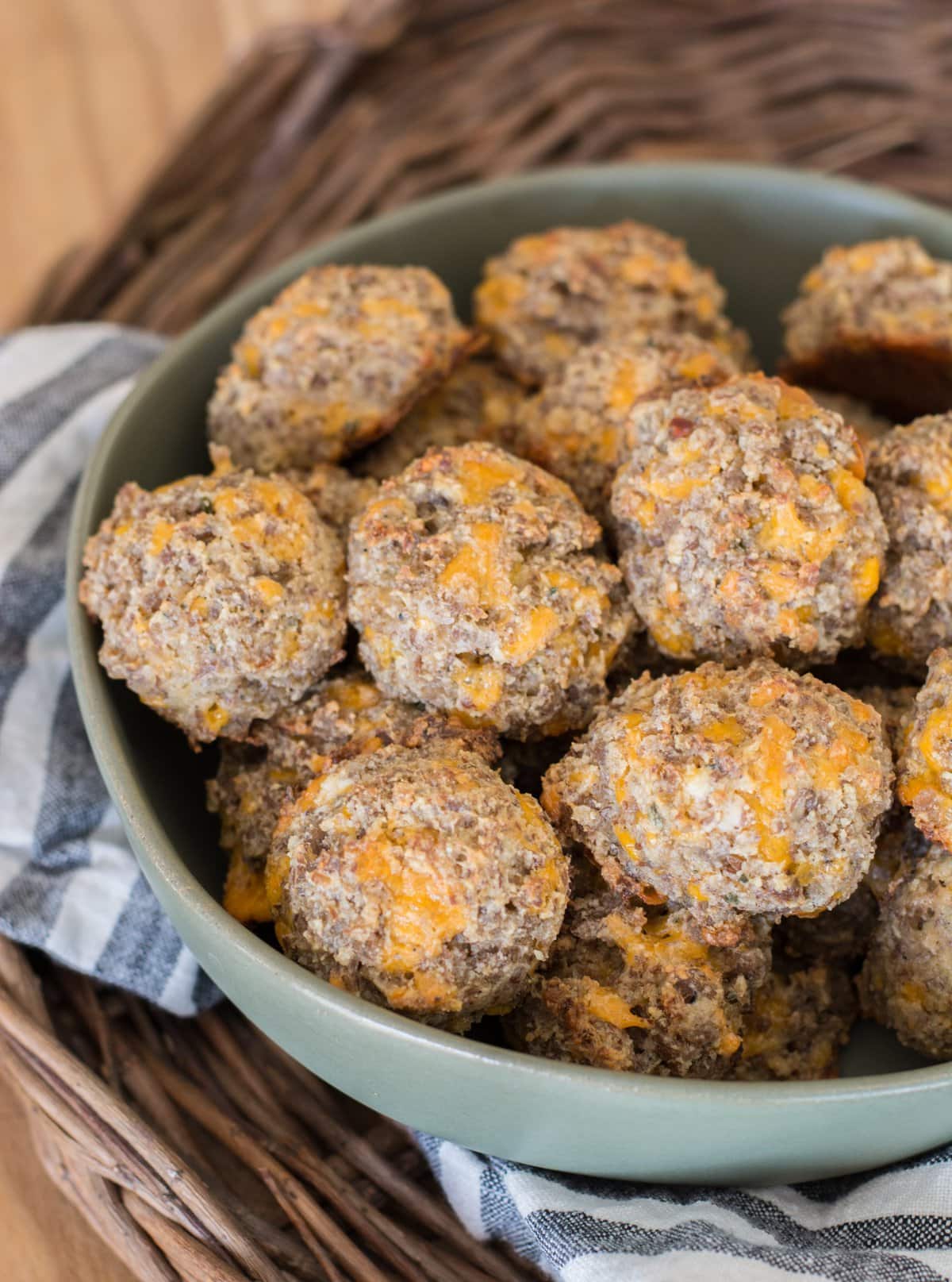 keto sausage balls in a gray bowl 