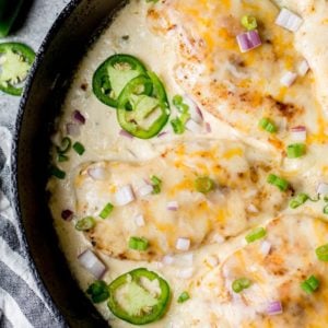 This One Pan Cheesy Jalapeño Chicken is the perfect easy keto dinner with just 5 net carbs! This recipe is perfect for busy nights and easy keto meal prep!