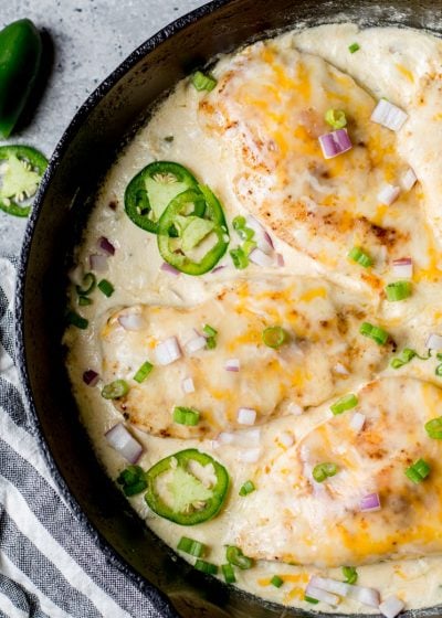 This One Pan Cheesy Jalapeño Chicken is the perfect easy keto dinner with just 5 net carbs! This recipe is perfect for busy nights and easy keto meal prep!