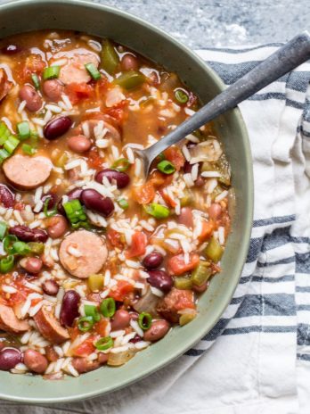 This easy Andouille Sausage with Red Beans and Rice is an easy one pot meal perfect for busy weeknights!  #glutenfree #comfortfood